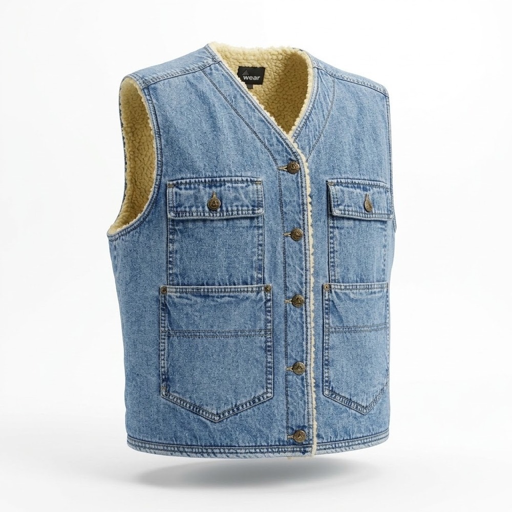 Lizwear Vintage Denim Sherpa Lined Vest Medium Wash Blue Utility Workwear Women